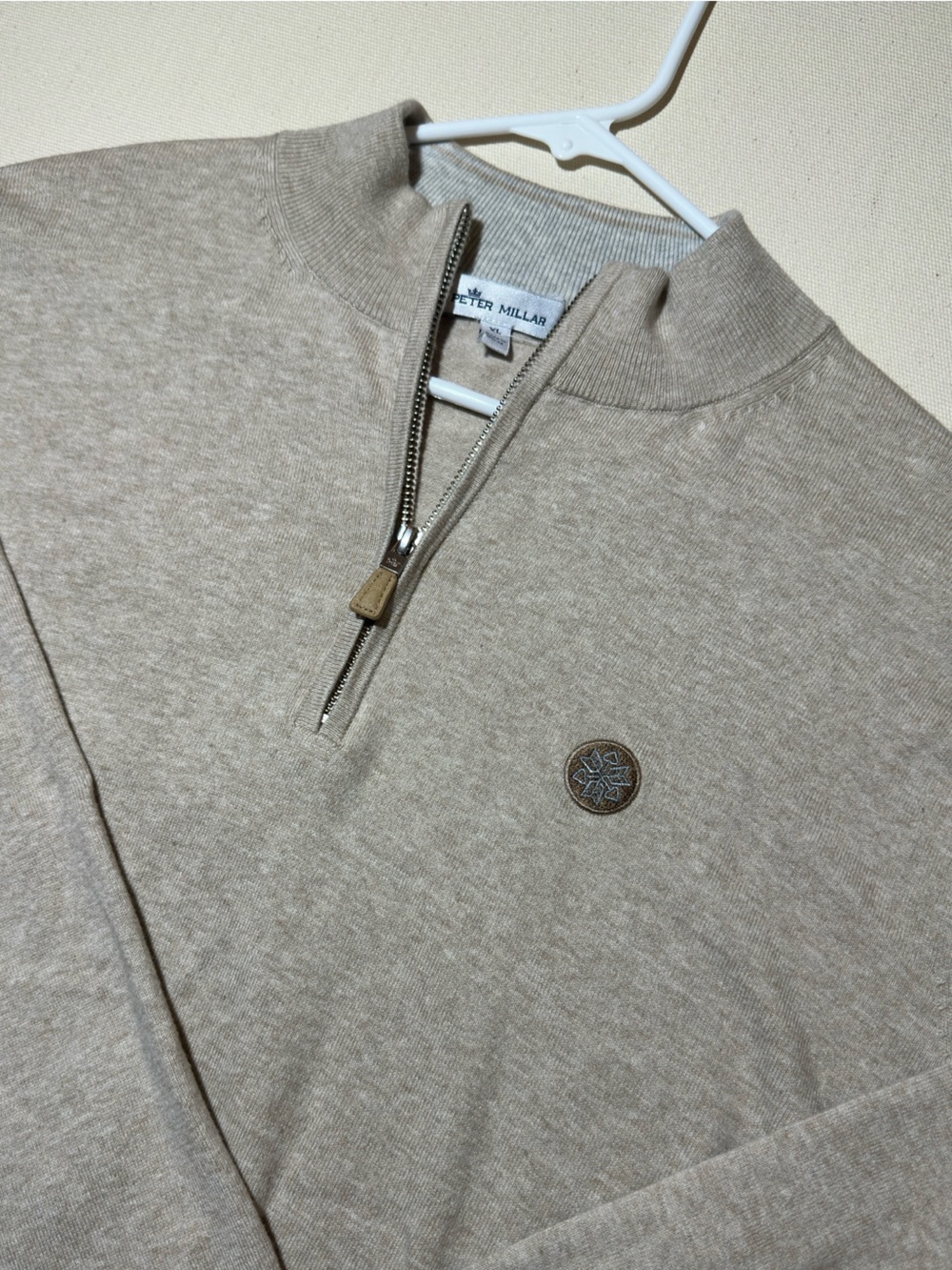 Peter Millar Beige Quarter-Zip Sweater with Embroidered Chest Logo